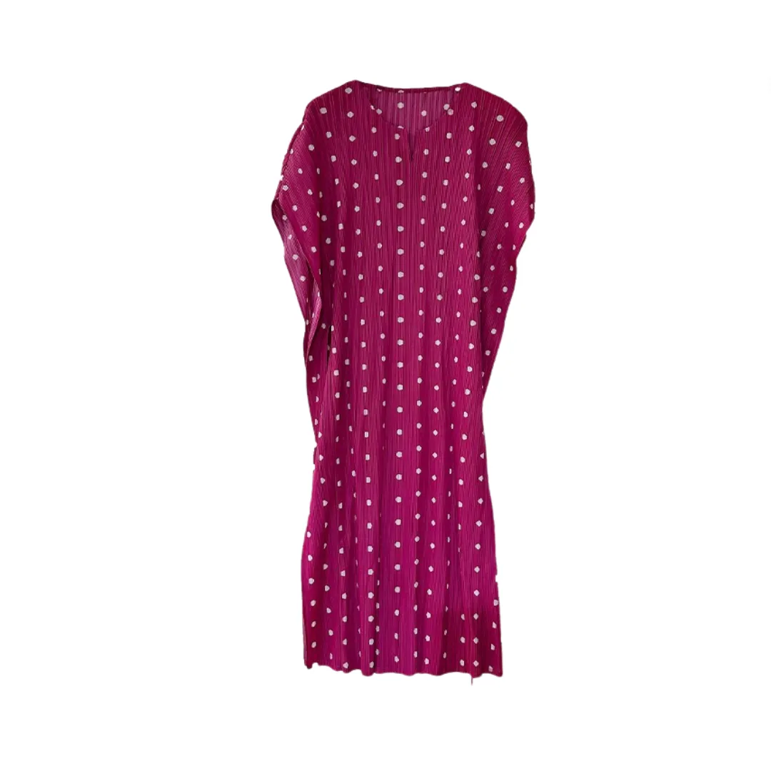 Pre Order: Pleated Polka Dot Cinched Waist Midi Dress