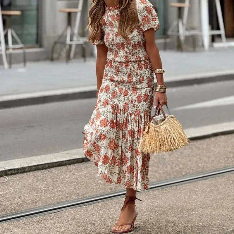 Print Bohemian Long Elegant O Neck Slim Fashion Short Sleeves Pleated Floral Casual Dress