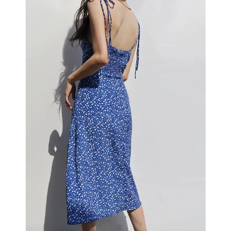 Print Elegant Lace-Up Sleeveless Floral Suspenders Split Slim Summer Dress