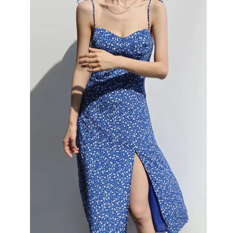 Print Elegant Lace-Up Sleeveless Floral Suspenders Split Slim Summer Dress