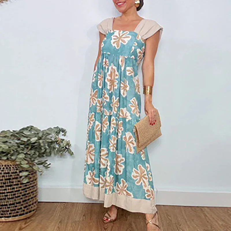 Printed Square Collar Elegant Stitching Beach Sexy Elastic Backless Pleat Floral Casual Dress