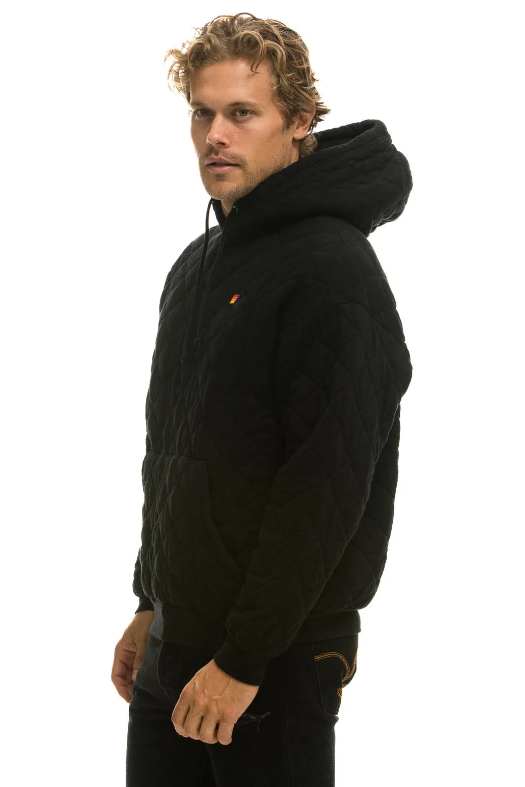 QUILTED RELAXED PULLOVER HOODIE - BLACK