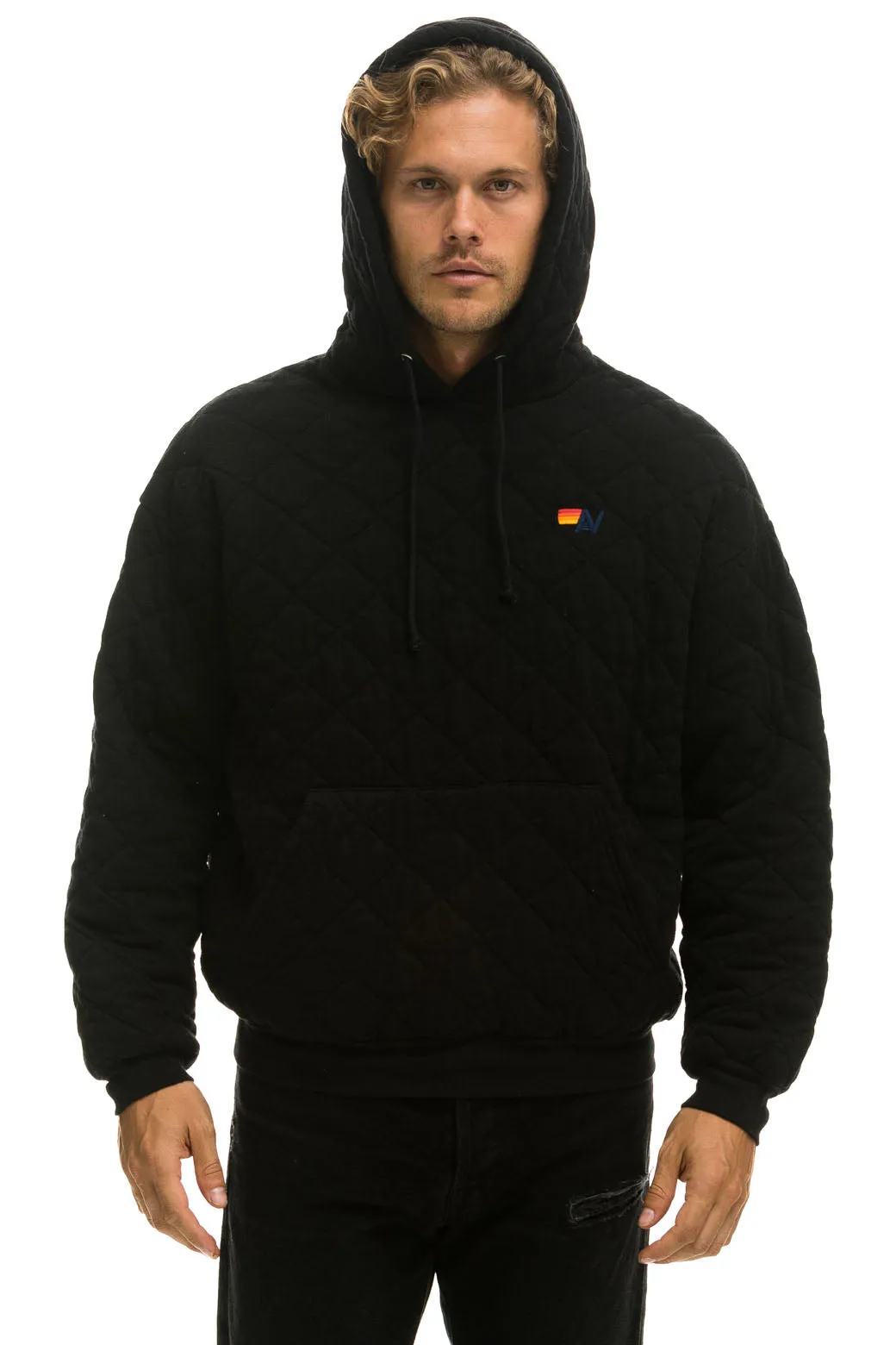 QUILTED RELAXED PULLOVER HOODIE - BLACK