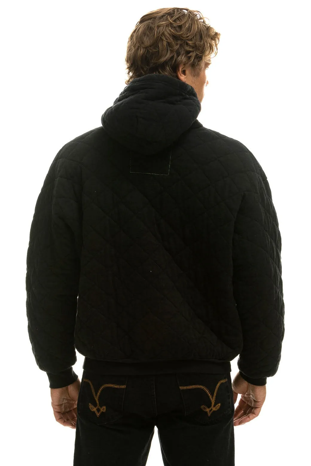 QUILTED RELAXED PULLOVER HOODIE - BLACK