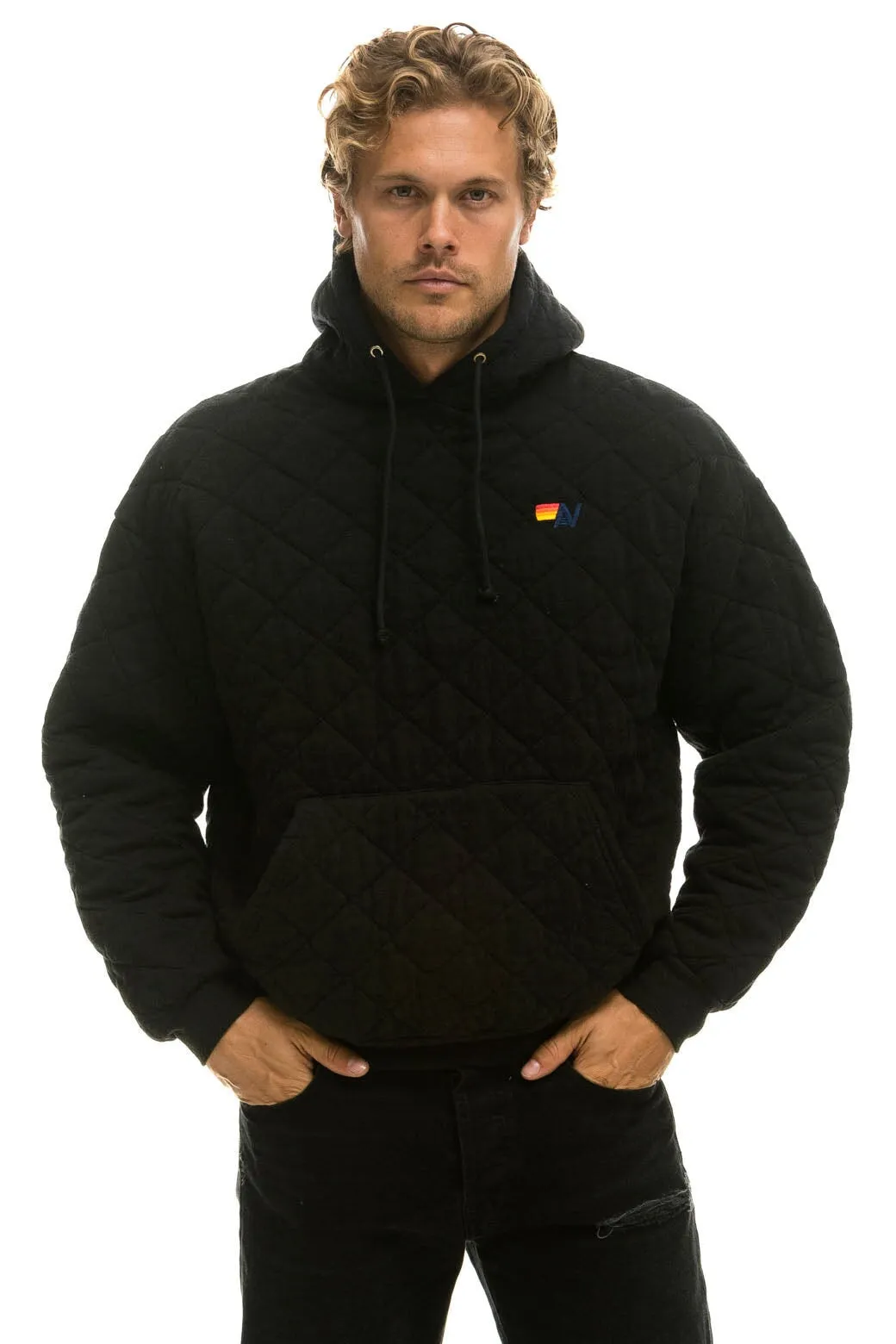 QUILTED RELAXED PULLOVER HOODIE - BLACK