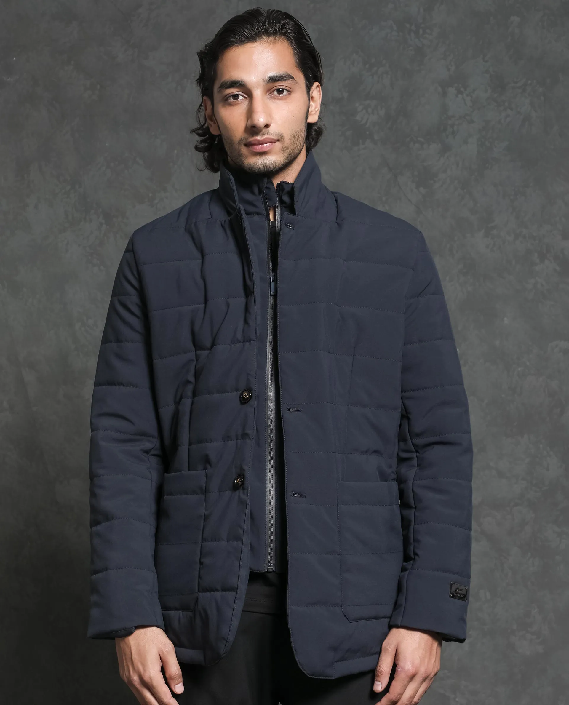 Rare Rabbit Men's Alter Navy Plain Fleece Inner-Lined Puffer Jacket