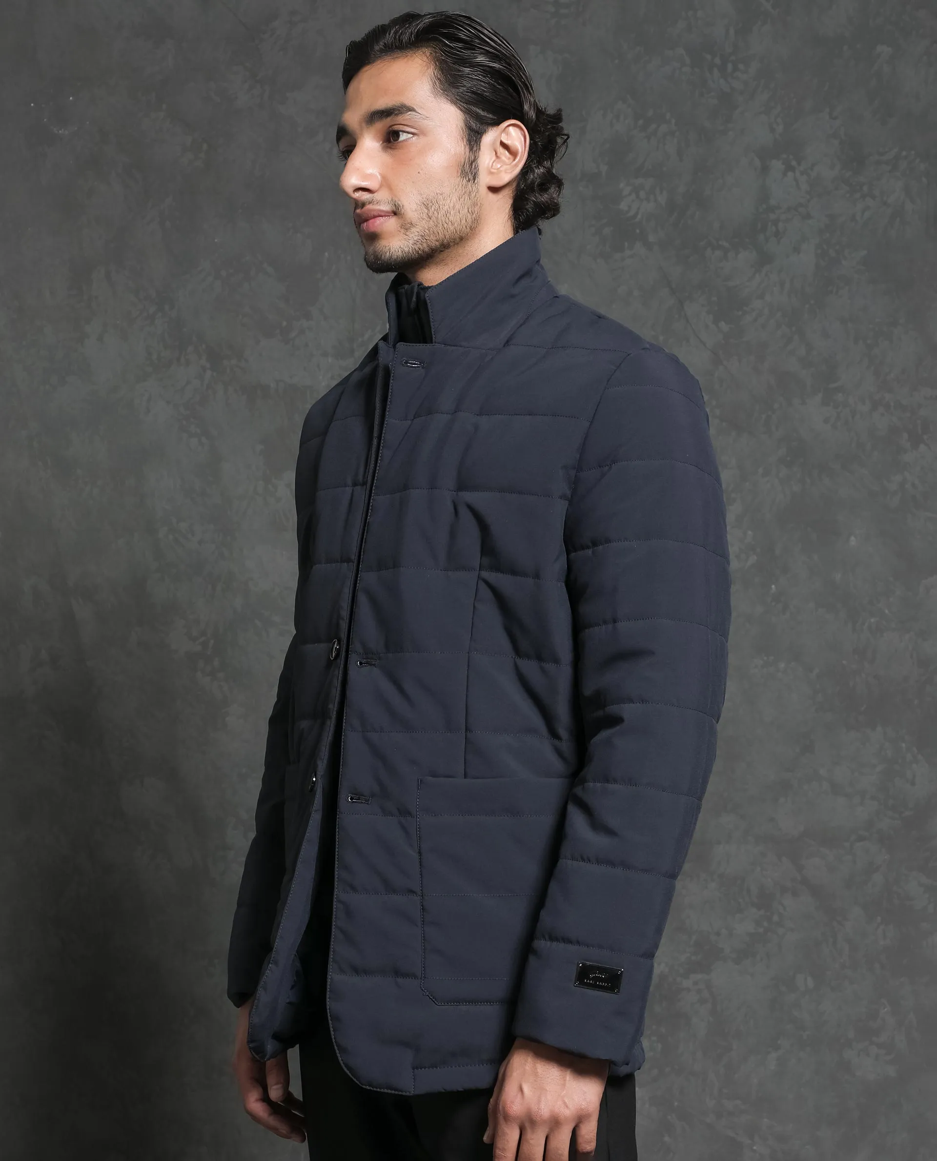 Rare Rabbit Men's Alter Navy Plain Fleece Inner-Lined Puffer Jacket