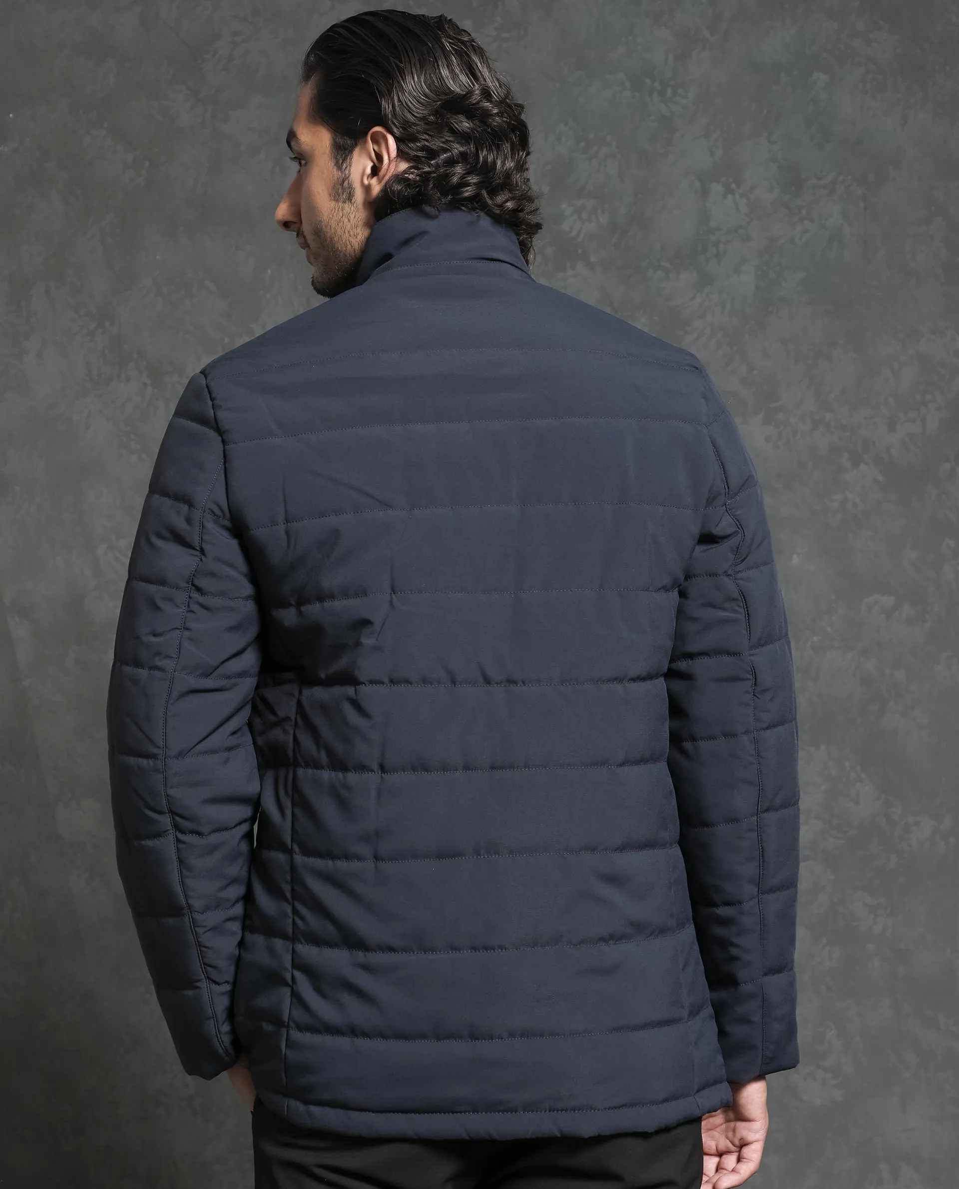 Rare Rabbit Men's Alter Navy Plain Fleece Inner-Lined Puffer Jacket