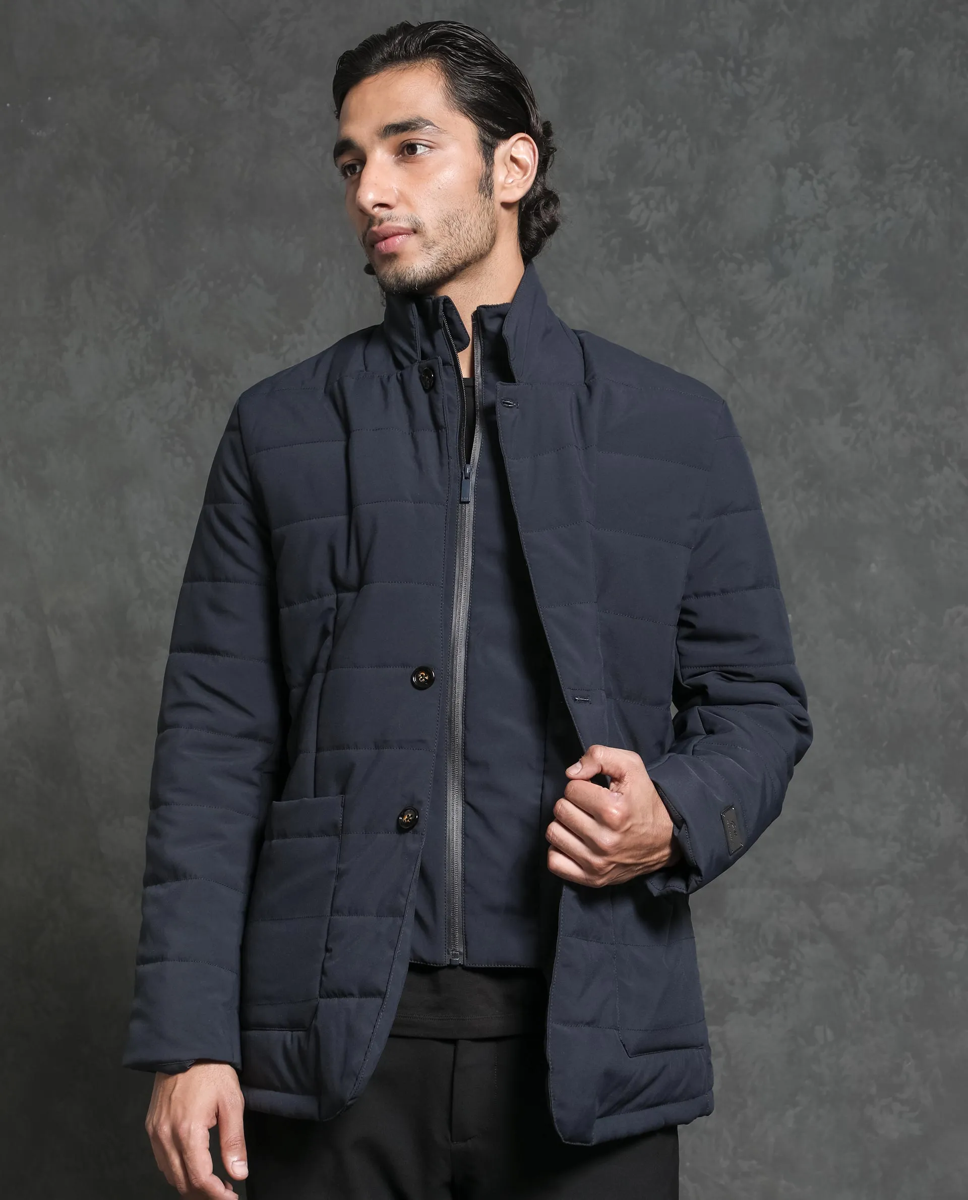 Rare Rabbit Men's Alter Navy Plain Fleece Inner-Lined Puffer Jacket