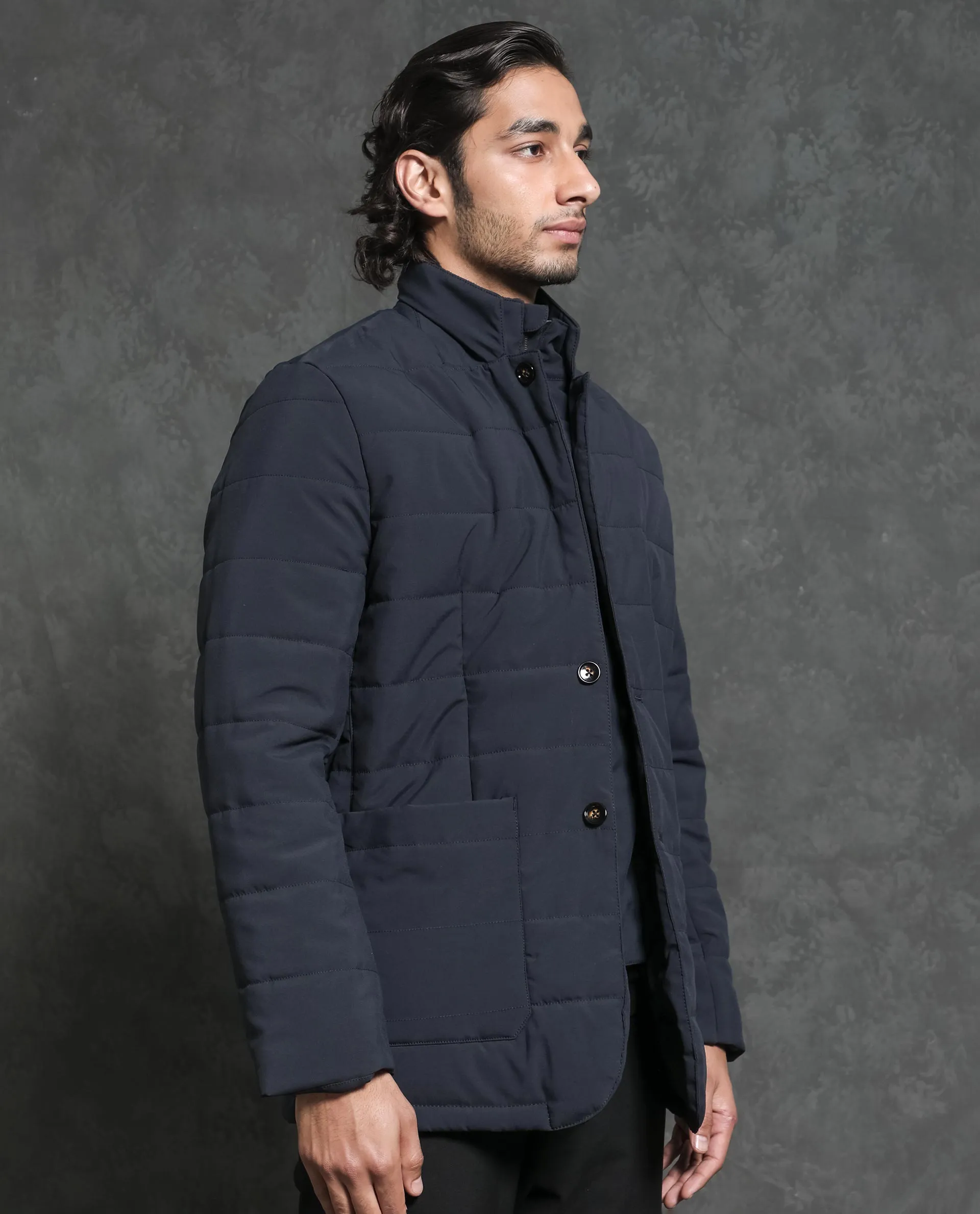 Rare Rabbit Men's Alter Navy Plain Fleece Inner-Lined Puffer Jacket