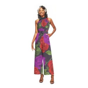 Red Rose Purp Halter Neck Buckle Belted Jumpsuit