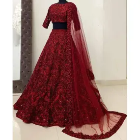 Red Soft Net Designer Embroidered Sequence Work Lehenga Choli