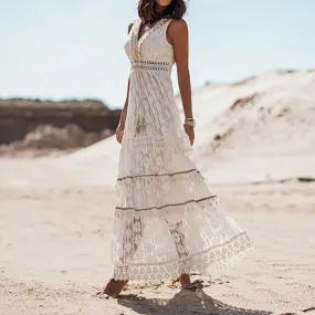 Retro Bohemian Holiday Lace Embroidered White Long Boho Elegant Female Vestidos Midi Vintage Dress