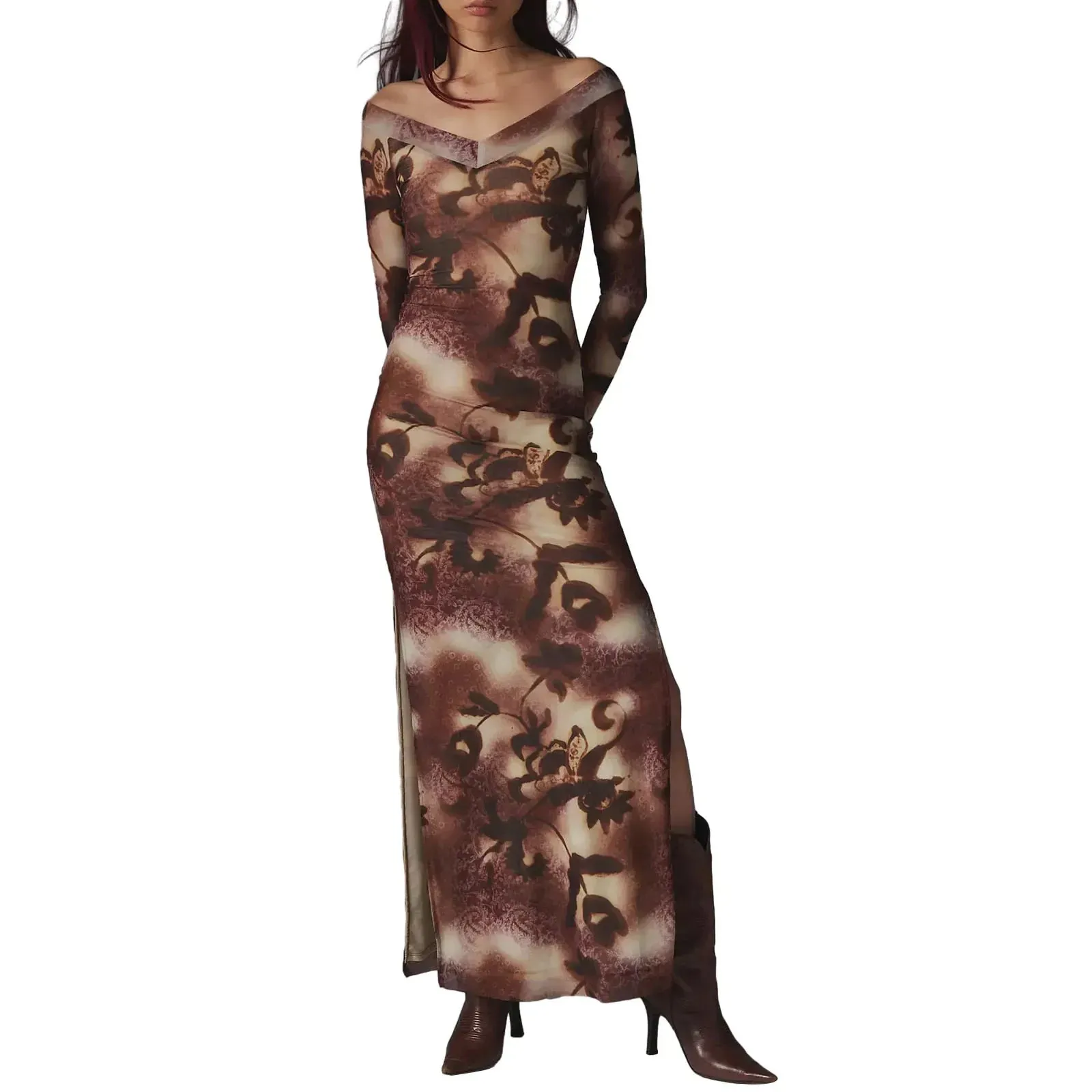 Retro Tie-Dye Floral V-Neck Long Sleeve Bodycon Spring Fall Slit Off Shoulder Maxi Elegant Dress