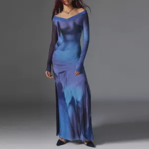 Retro Tie-Dye Floral V-Neck Long Sleeve Bodycon Spring Fall Slit Off Shoulder Maxi Elegant Dress