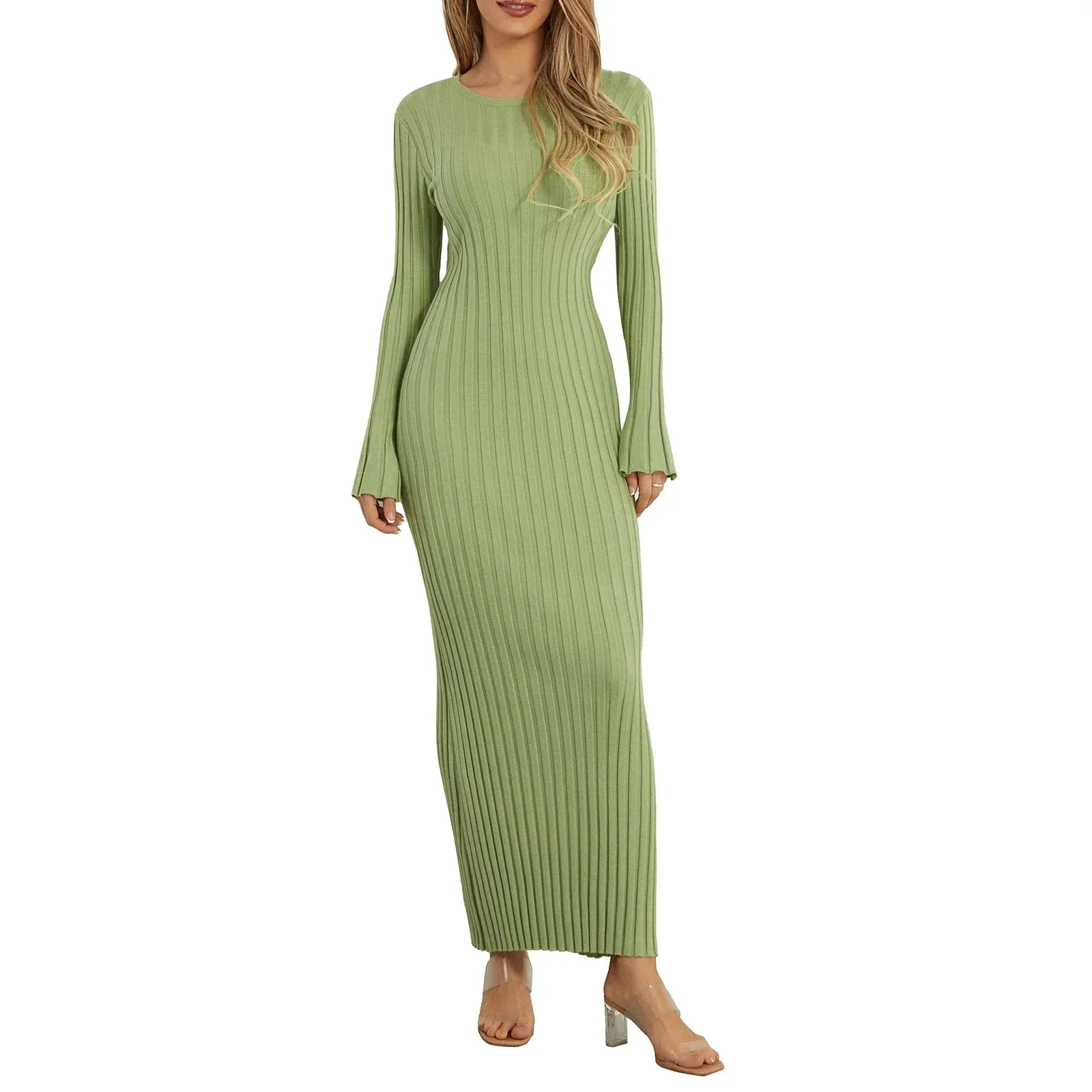 Ribbed Knitted Solid Color Crew Neck Long Sleeve Lace-up Bodycon Spring Fall Maxi Elegant Dress