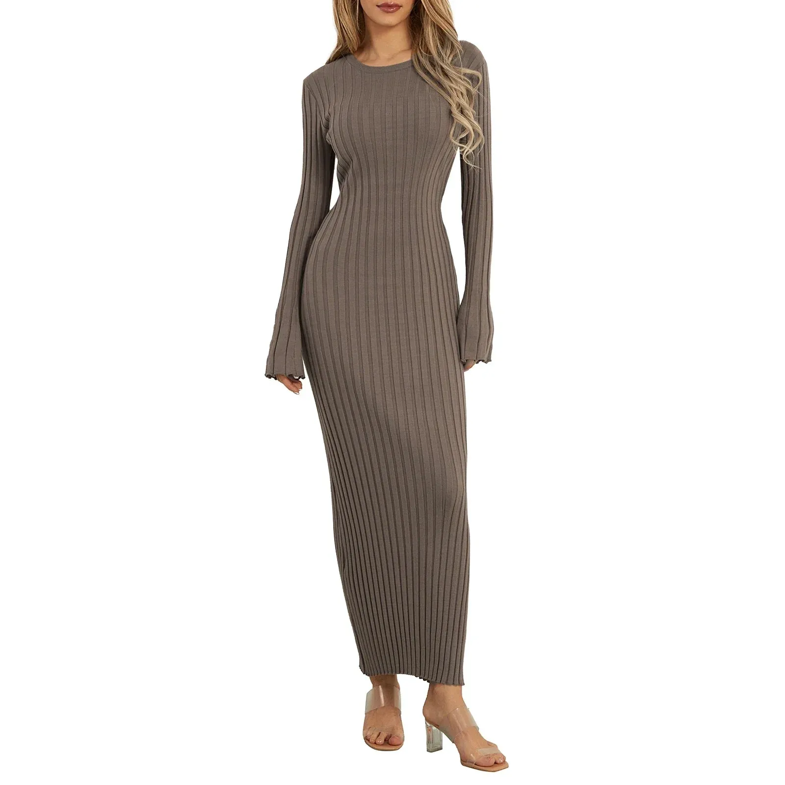 Ribbed Knitted Solid Color Crew Neck Long Sleeve Lace-up Bodycon Spring Fall Maxi Elegant Dress