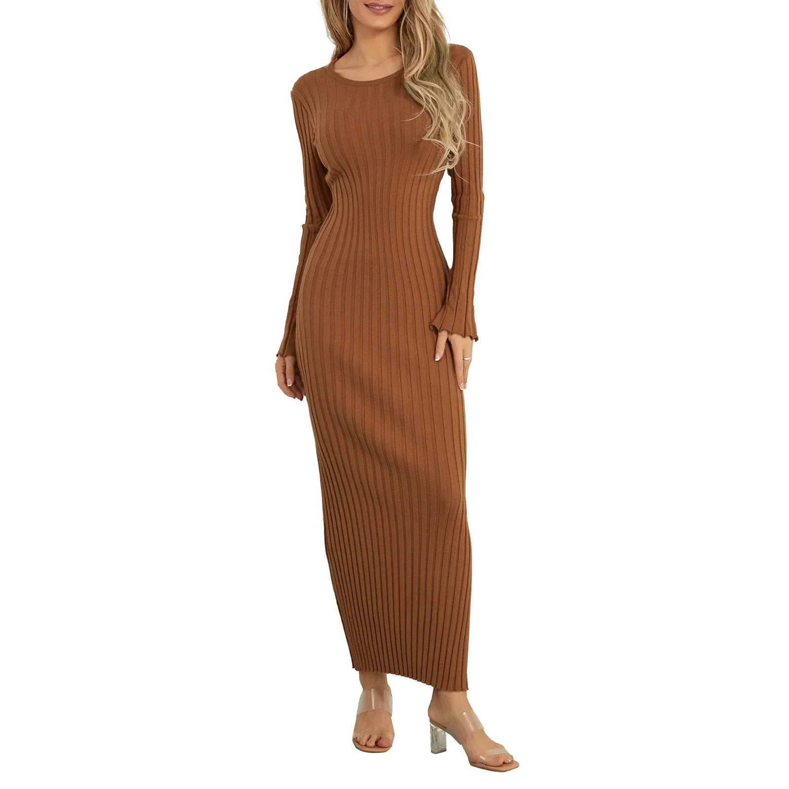 Ribbed Knitted Solid Color Crew Neck Long Sleeve Lace-up Bodycon Spring Fall Maxi Elegant Dress