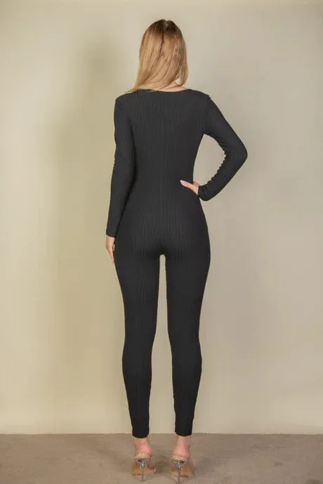 Ribbed Scoop Neck Long Sleeve Jumpsuit - 3 colors