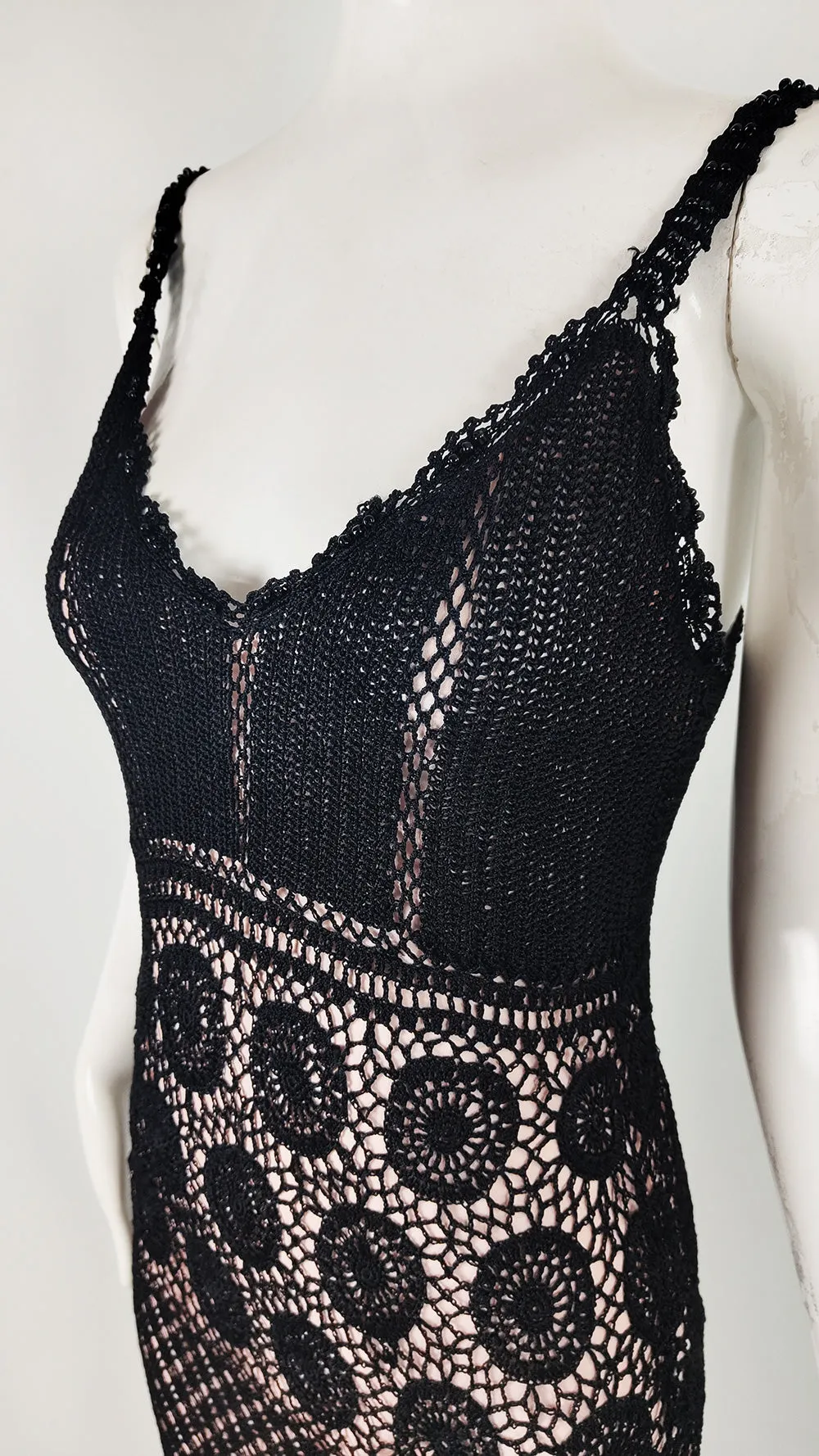 Ronit Zilkha Vintage Y2K Black Beaded Crochet Dress