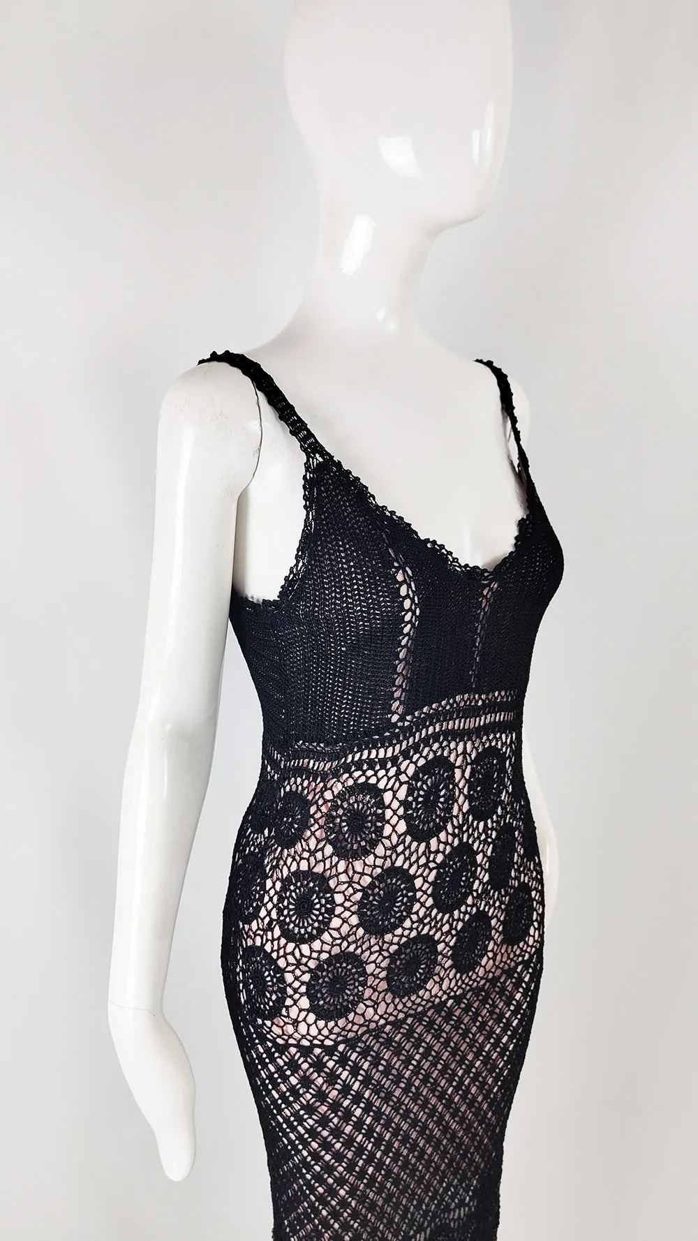 Ronit Zilkha Vintage Y2K Black Beaded Crochet Dress