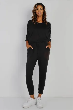 Ruched Detail Dolman Midi Sleeve Fitted Waistline Jumpsuit