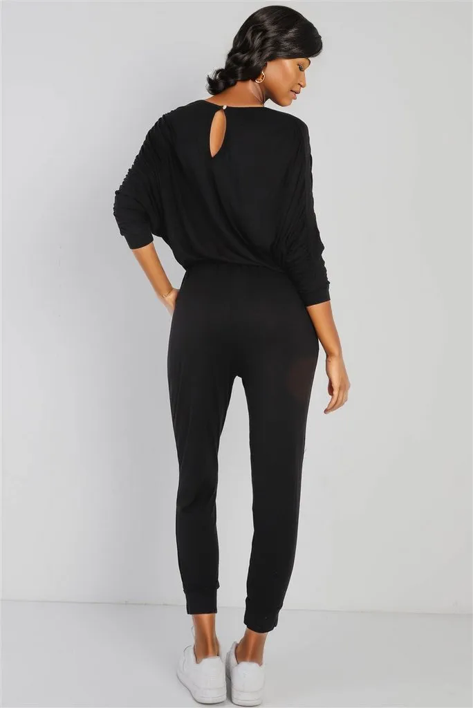 Ruched Detail Dolman Midi Sleeve Fitted Waistline Jumpsuit