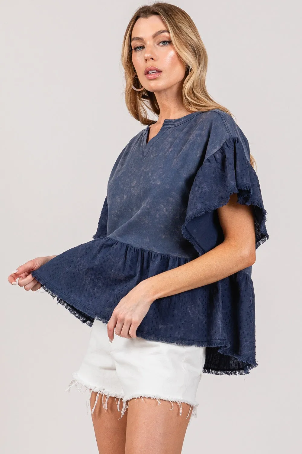 Ruffle Sleeve Washed Short Sleeve Blouse