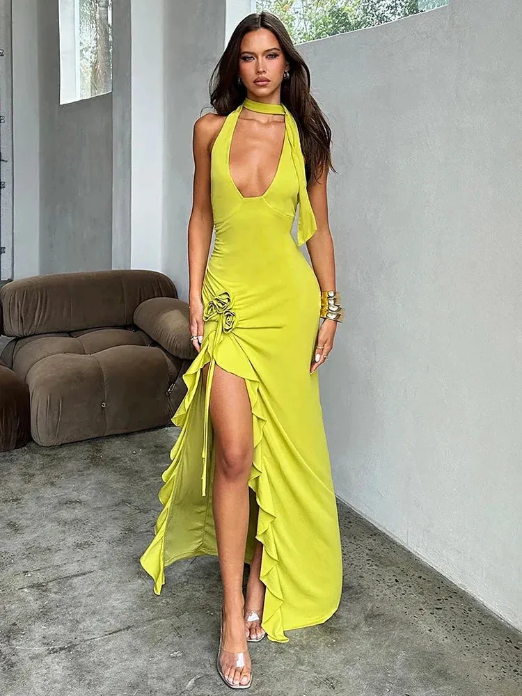 Ruffles Asymmetric Deep V Neck Halter Elegant Long Spring Summer Maxi Dress