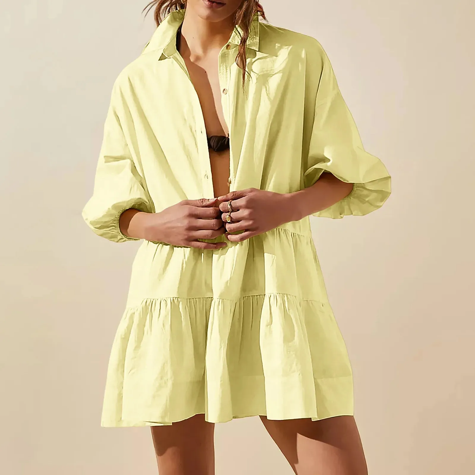 Ruffles Loose Casual Half Sleeve Solid Irregular Oversized Beach Evening Party Midi Elegant Dress