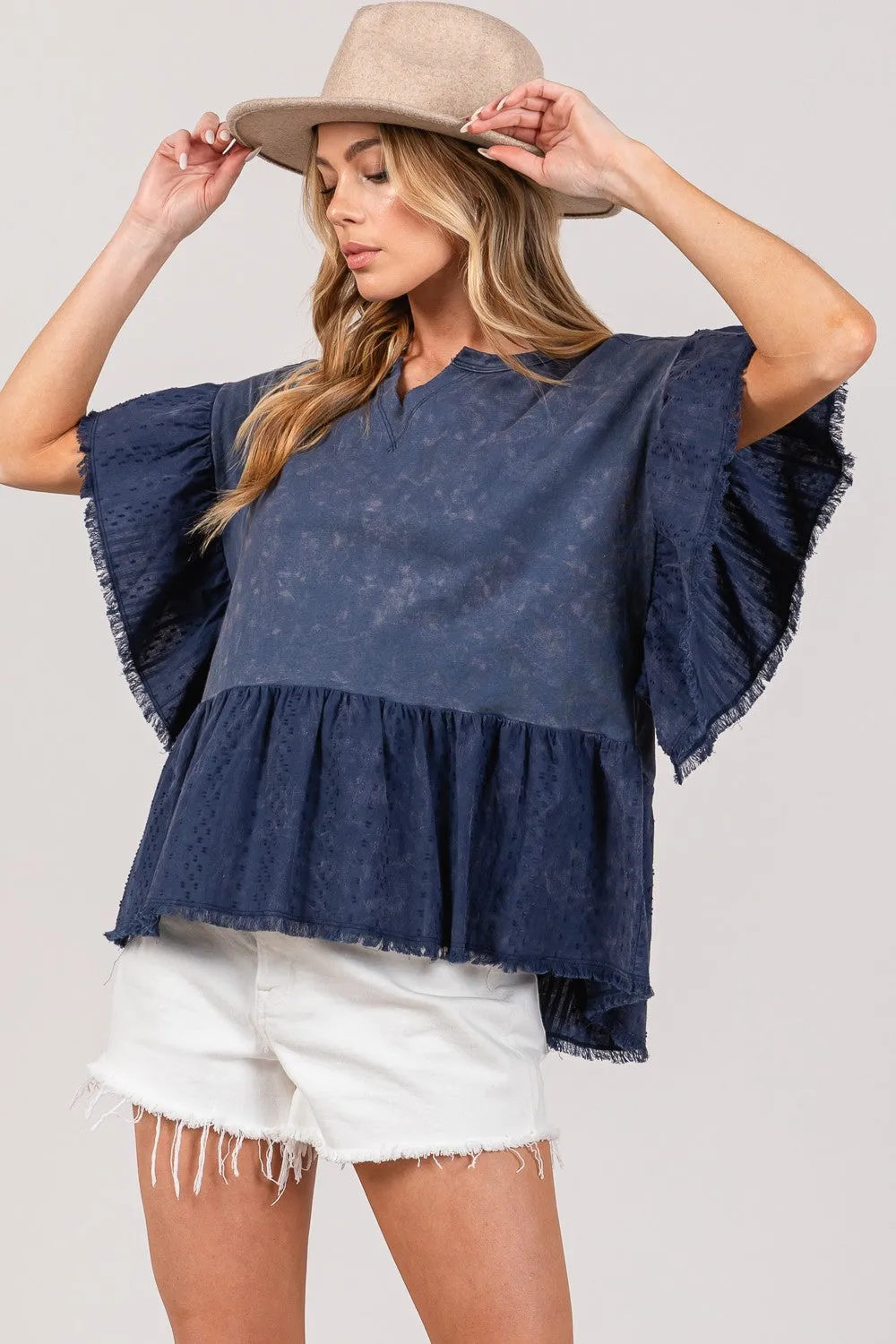 SAGE   FIG Ruffle Sleeve Washed Short Sleeve Blouse