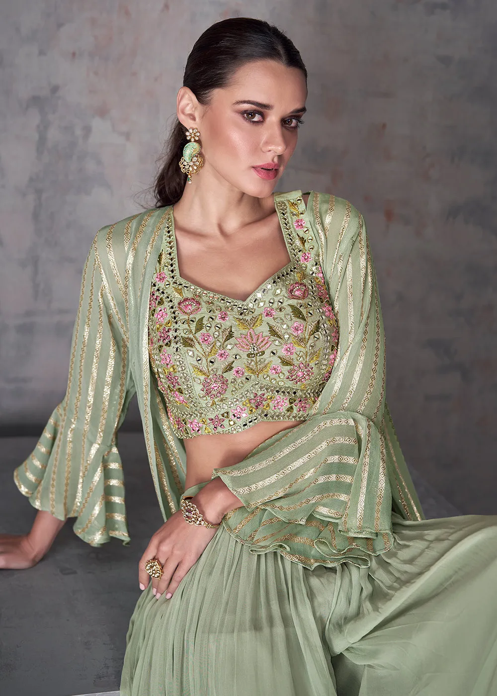 Sage Green Indo Western Style Party Wear Palazzo Suit