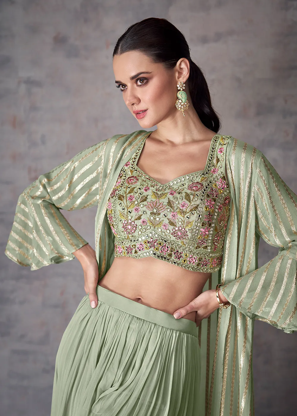 Sage Green Indo Western Style Party Wear Palazzo Suit