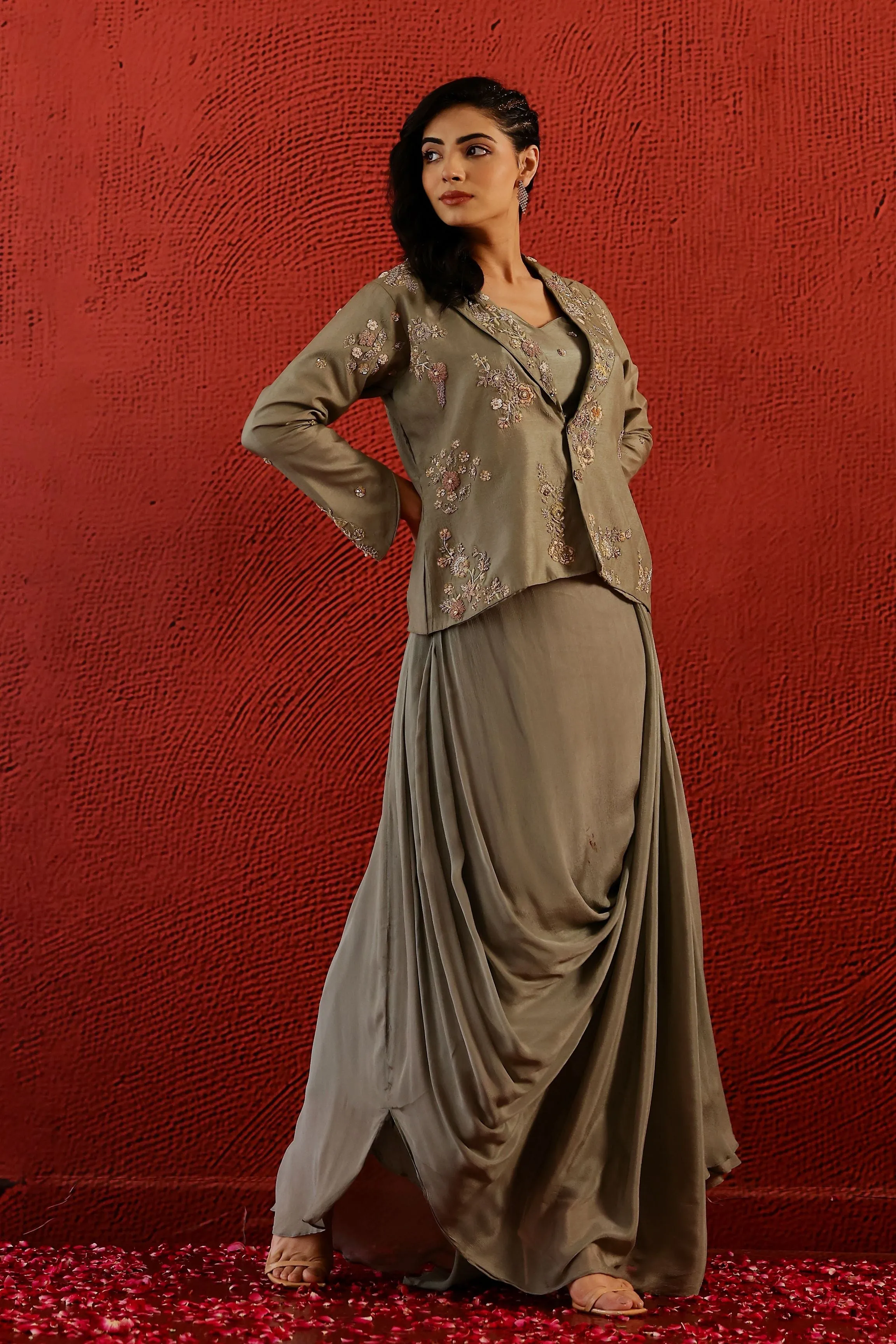 Sage Grey Embroidered Belgium Silk Jacket & Skirt Set