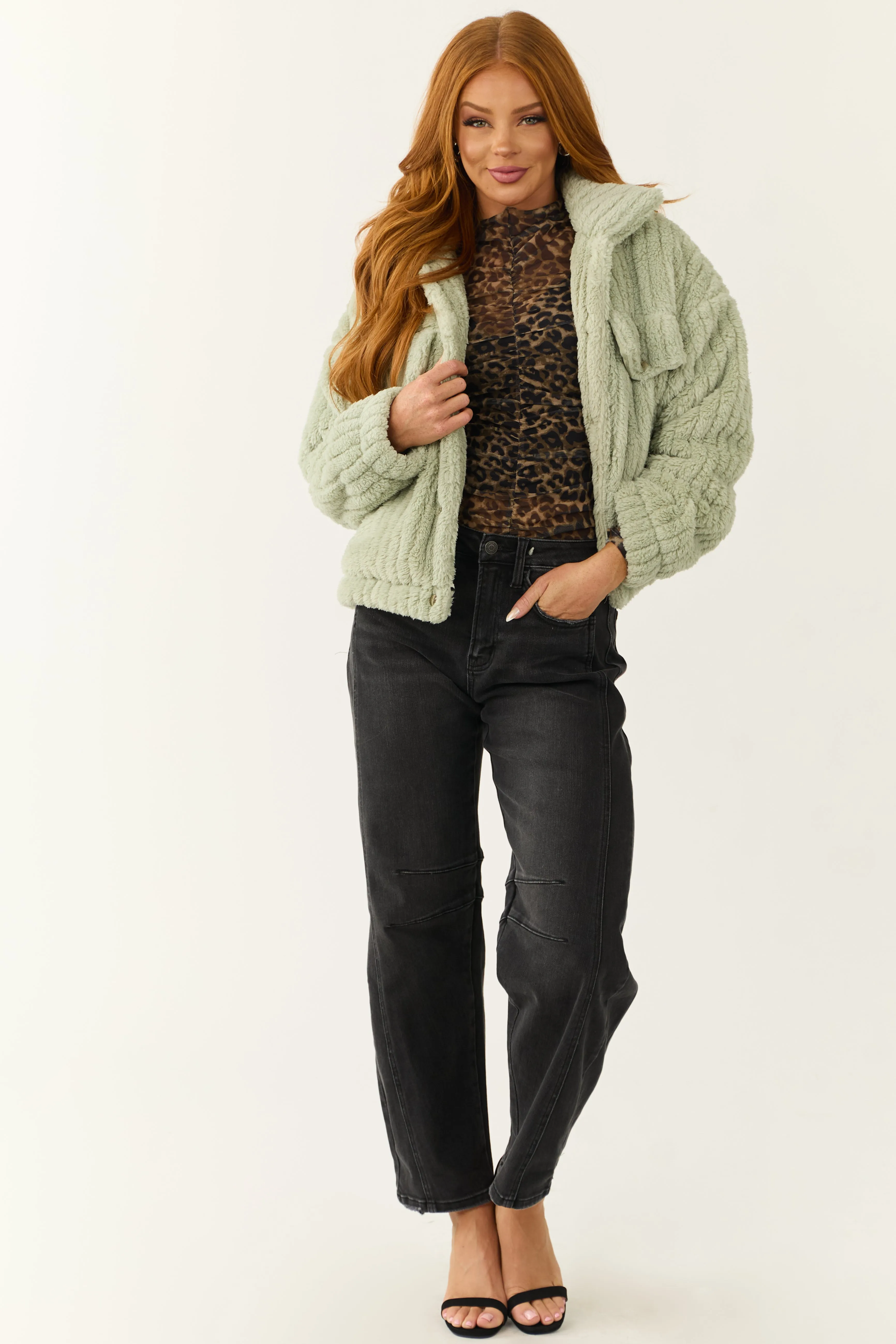 Sage Soft Sherpa Button Down Jacket