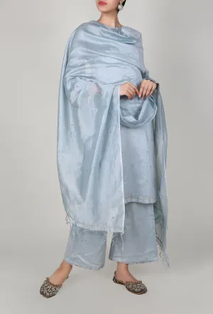 Set of 3 - Pastel Grey Chanderi Kurta And Palazzo Set With Dupatta