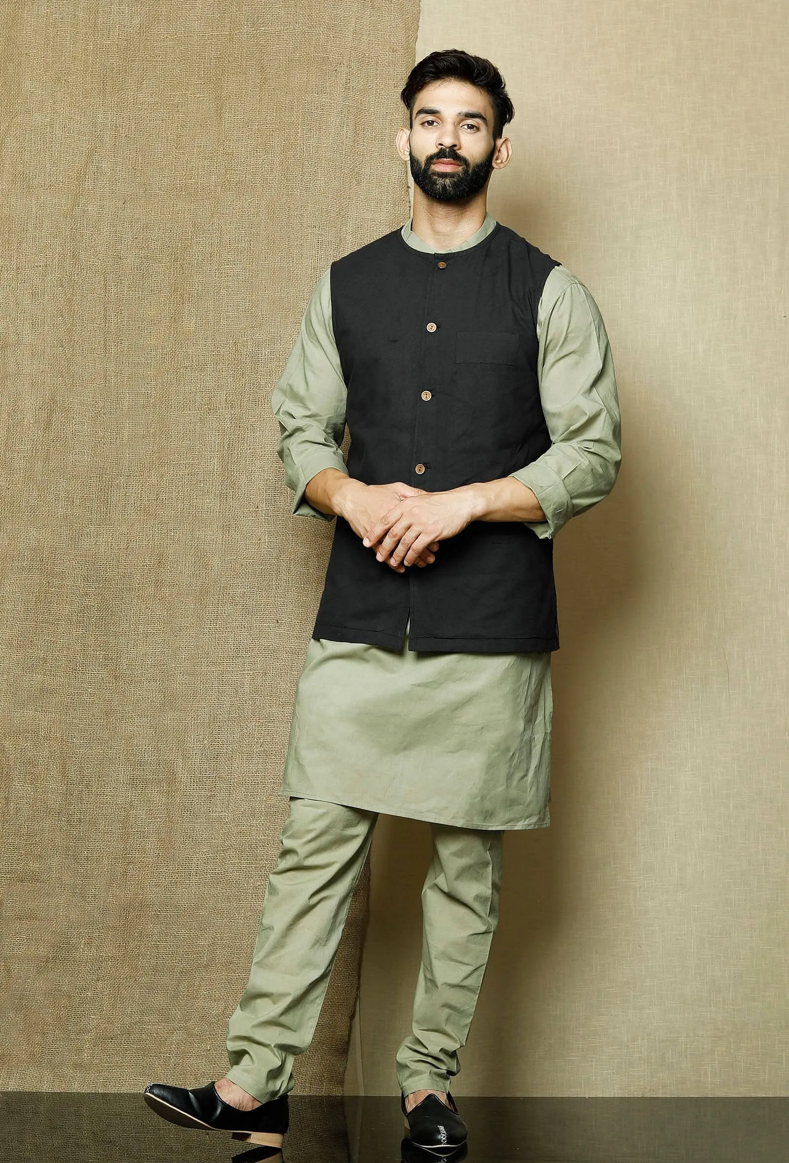 Set of 3: Sage  Cotton Kurta and Pyjama with Onyx Nehru Jacket