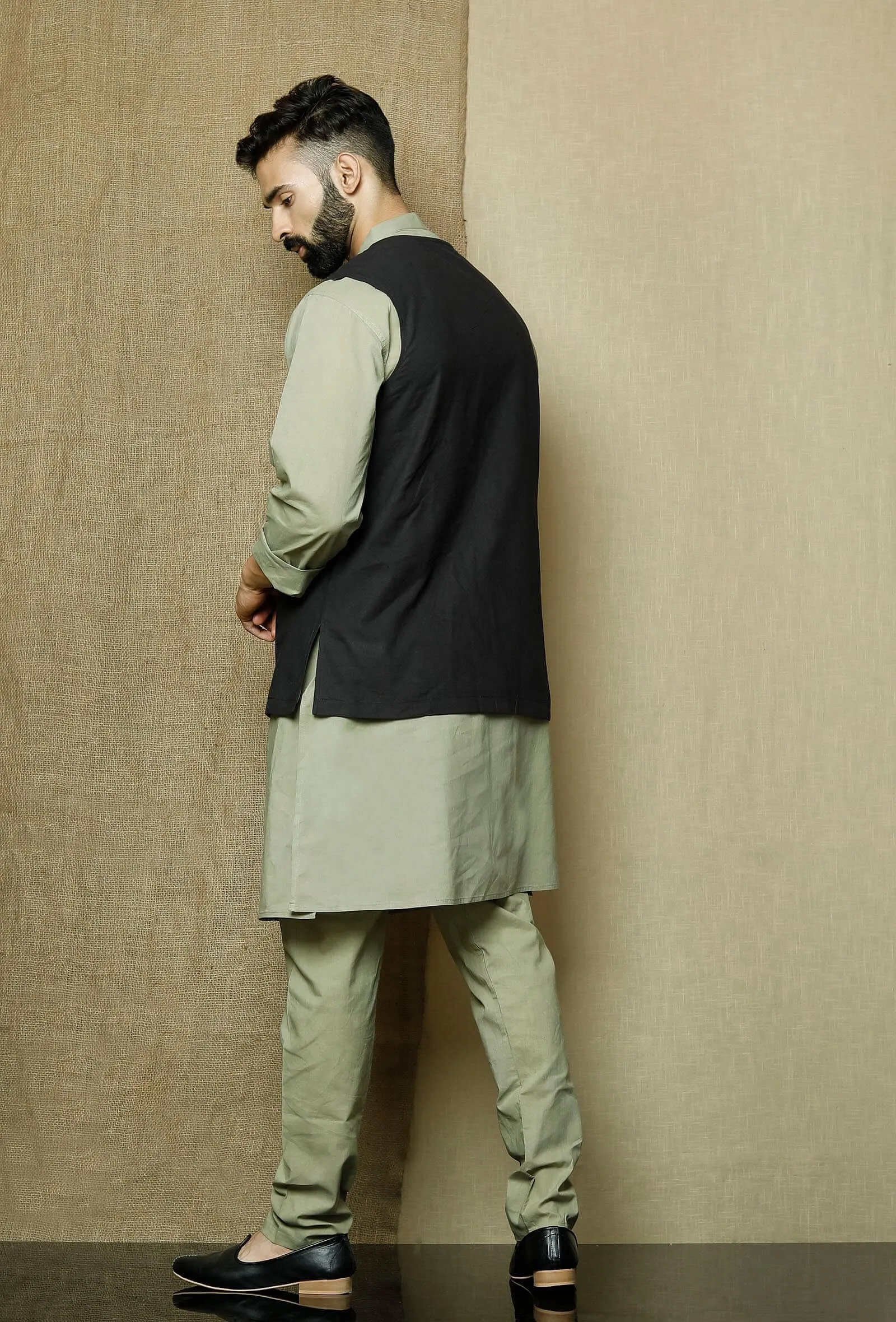 Set of 3: Sage  Cotton Kurta and Pyjama with Onyx Nehru Jacket