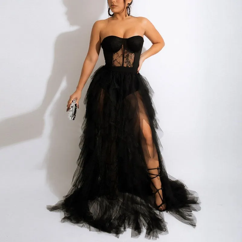 Sexy Mesh See Through Tube Dress Elegant Evening Party Maxi Dress