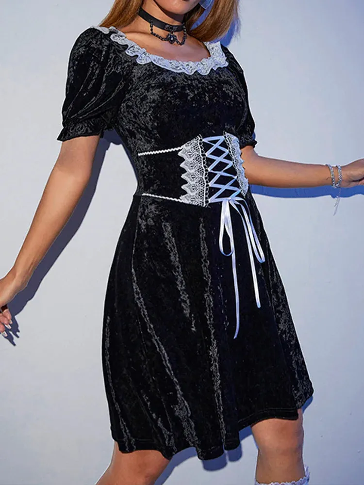 Sexy Party Waist Harajuku Fashion Elegant Black Velvet Corset Emo High A-Line Summer Chic Gown