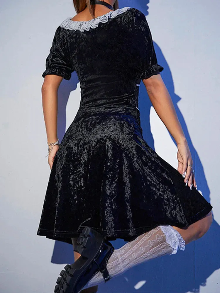 Sexy Party Waist Harajuku Fashion Elegant Black Velvet Corset Emo High A-Line Summer Chic Gown