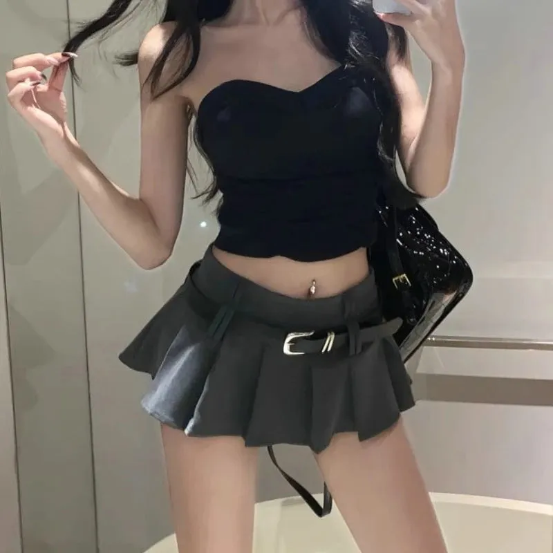 Sexy Pleated Mini Skirt with Shorts Women Korean High Waist Belt Slim A-line Miniskirt Grey Black School High Street