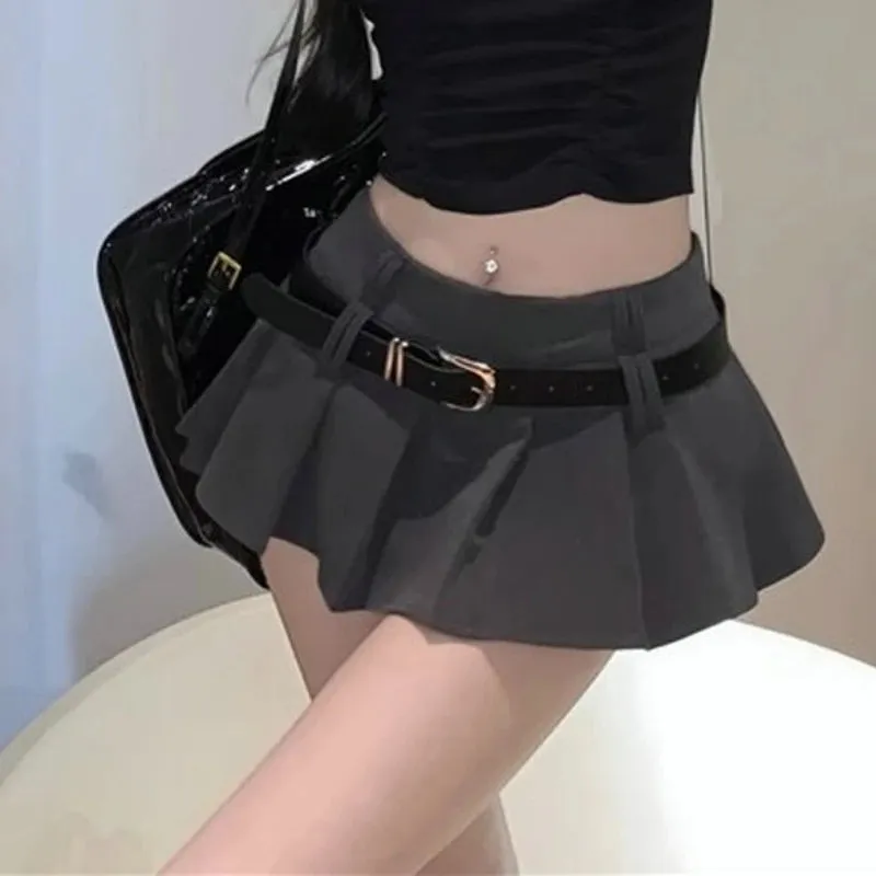 Sexy Pleated Mini Skirt with Shorts Women Korean High Waist Belt Slim A-line Miniskirt Grey Black School High Street