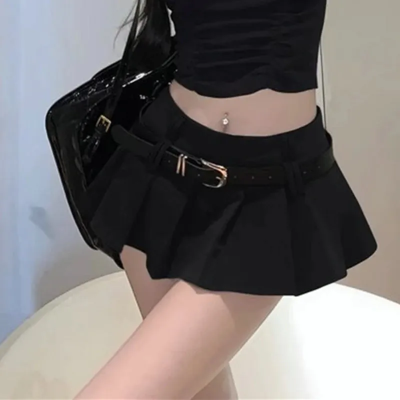 Sexy Pleated Mini Skirt with Shorts Women Korean High Waist Belt Slim A-line Miniskirt Grey Black School High Street