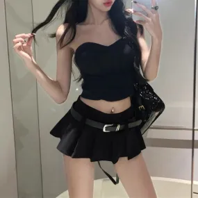 Sexy Pleated Mini Skirt with Shorts Women Korean High Waist Belt Slim A-line Miniskirt Grey Black School High Street