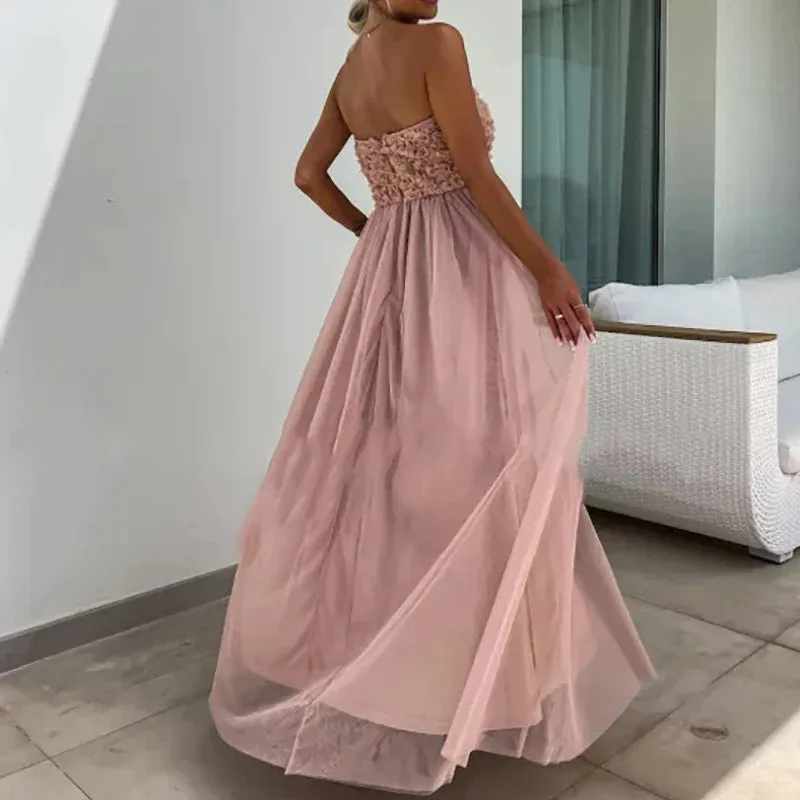 Sexy Strapless Hollow Slim Dating Elegant Romantic Split Long Floral Patchwork Mesh Evening Summer Ladies Dress