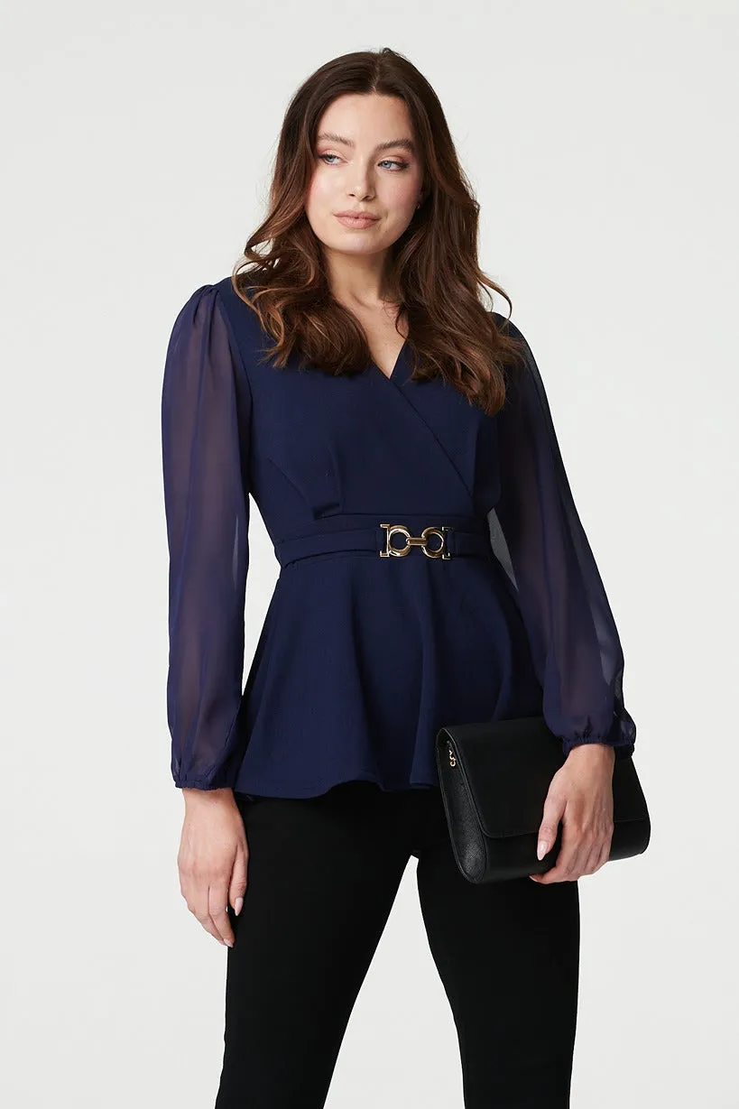 Sheer Sleeve Wrap Front Blouse