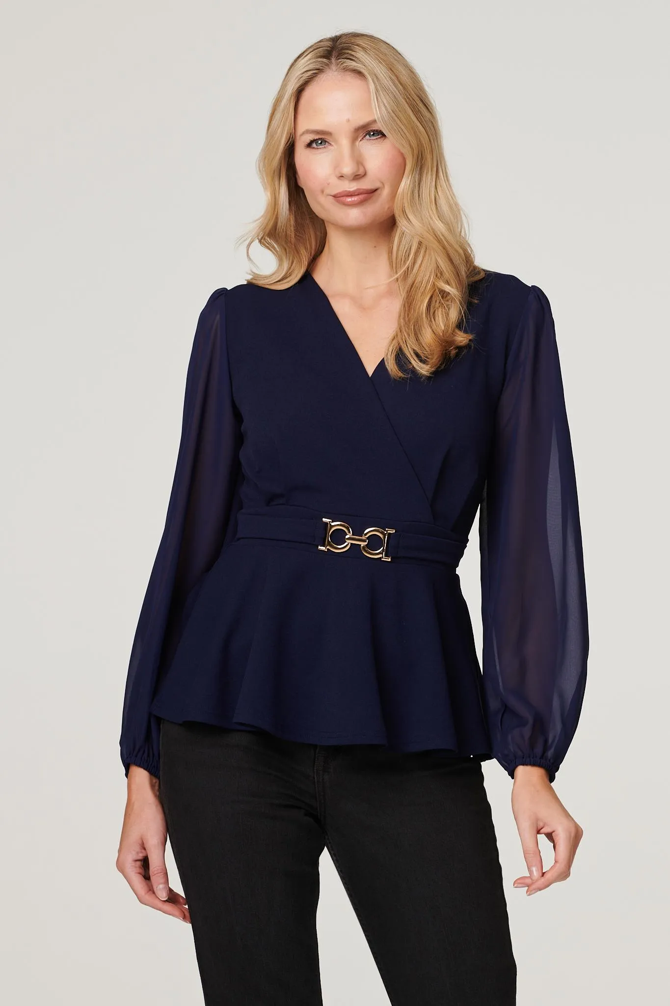 Sheer Sleeve Wrap Front Blouse