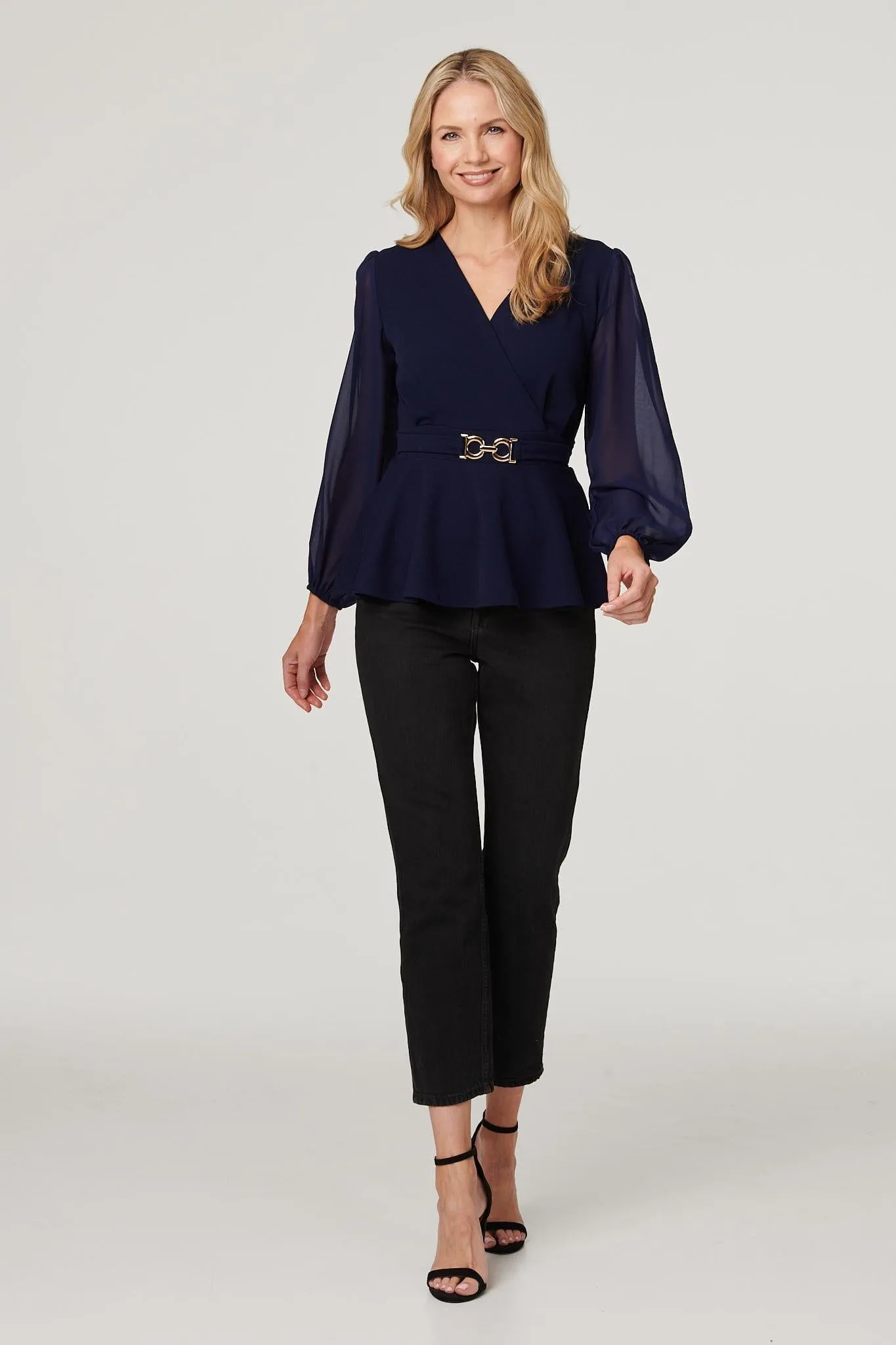 Sheer Sleeve Wrap Front Blouse