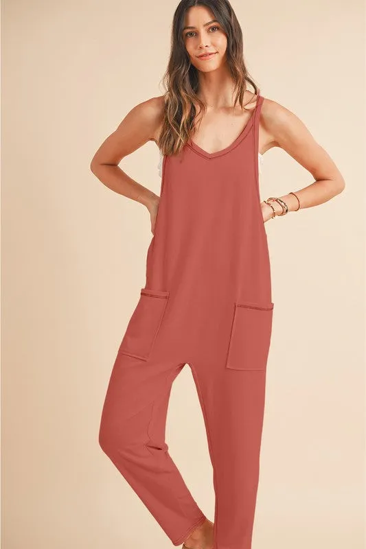 *Side Pockets Pants Sleeveless V Neck Jumpsuit